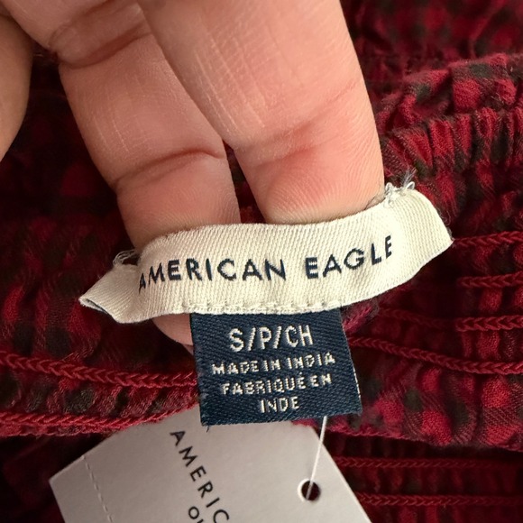 New American Eagle Long-Sleeve Smocked Ruffle Plaid Top Red Gingham Women Small - Picture 8 of 10